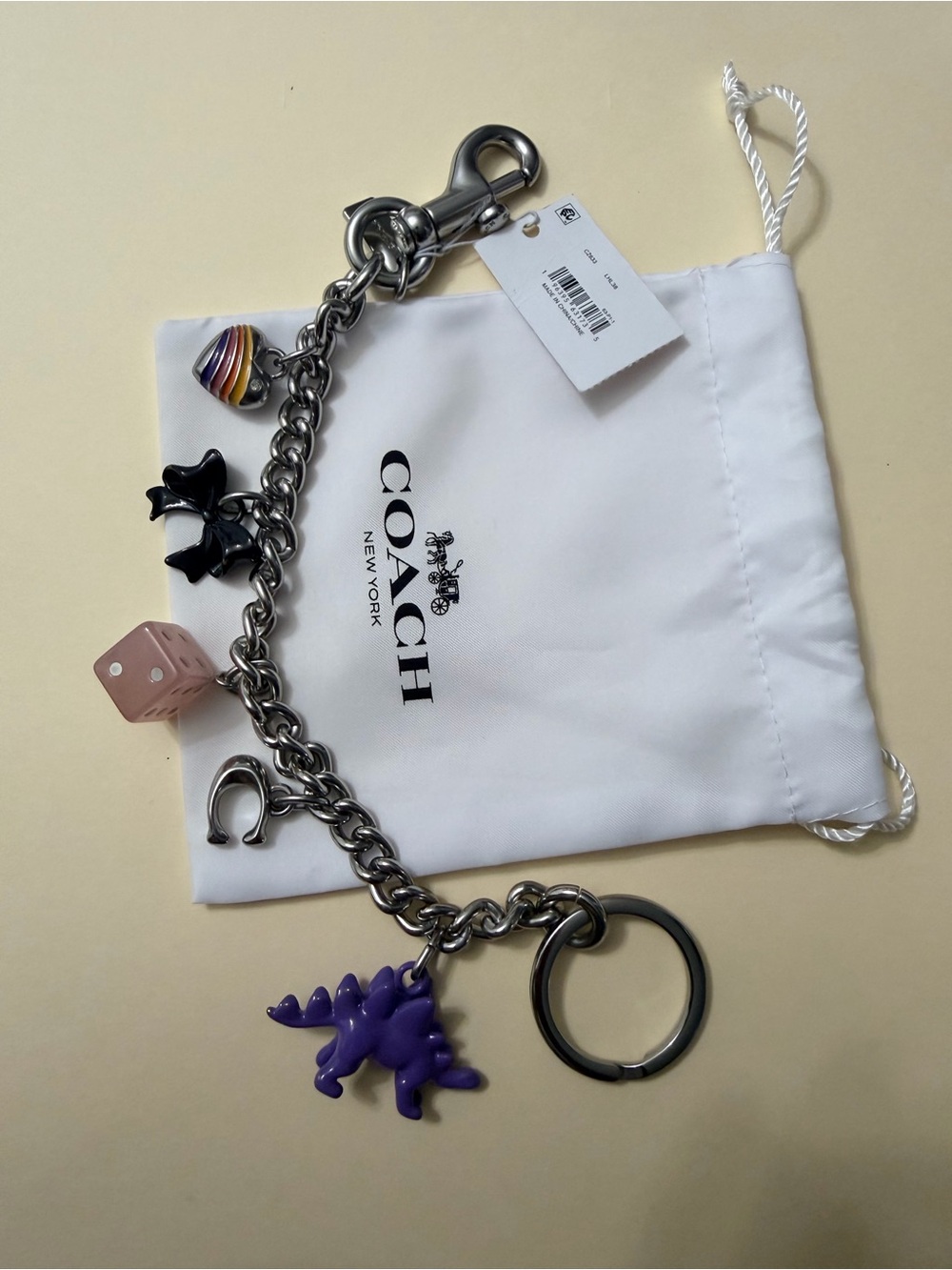 Coach Silver Chain Keyring with Purple Dino and Multicolor Charms - Picture 1 of 4